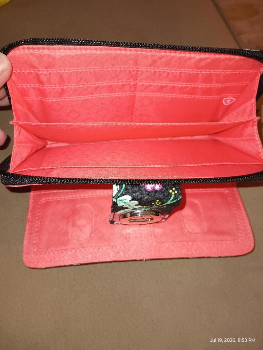 Vera Bradley Black Quilted Wallet with Black And Pink Floral Print - Picture 3 of 5